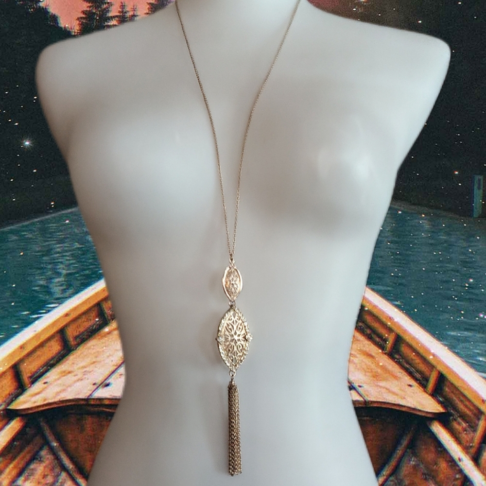 Gold & Rhinestone Filigree Tassel Necklace